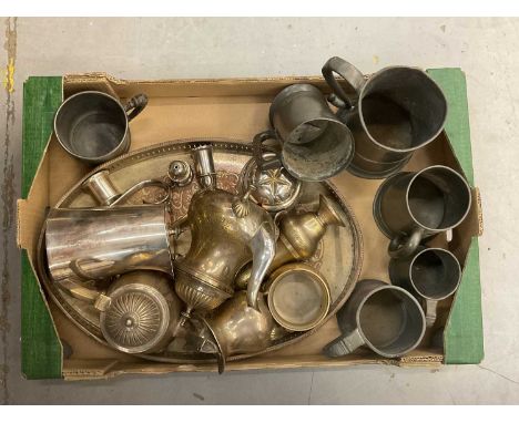 Group of metal wares to include a silver plated teaset and pewter tankards (1 box).