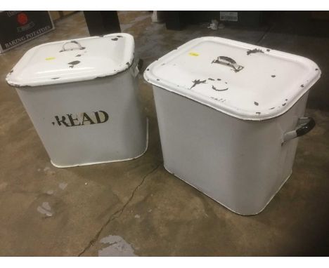 Two vintage white enamel bread bins