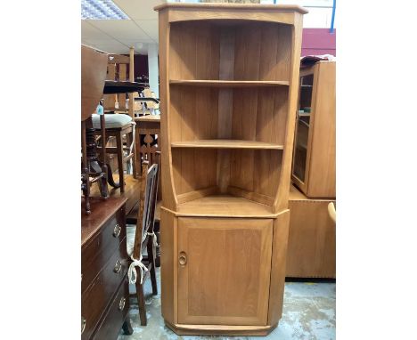 Ercol Windsor corner cupboard with open shelves and door below, 76cm wide, 180cm high
