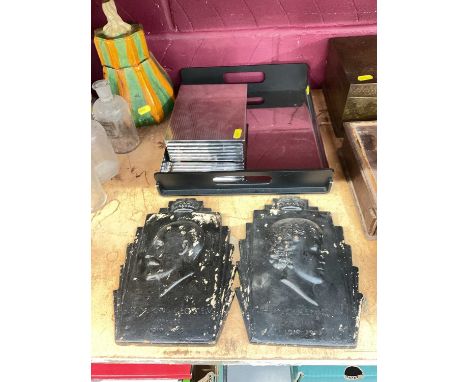 Art Deco 1935 Silver Jubilee plaques of George V and Queen Mary together with an Art Deco tray and cigarette box.