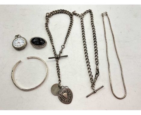 Two Edwardian silver curb link watch chains, silver snake link necklace, a white metal bangle, brooch and fob watch