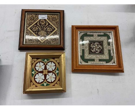Antique Gothic encaustic tile in frame, together with two framed Victorian tiles (3)