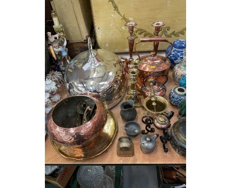 Large silver plated serving dome, pair of old Sheffield plate candlesticks, toleware spice box and other metalwares.