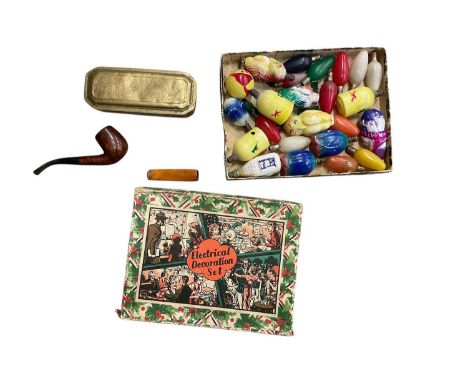 18th century Dutch brass tobacco box, a Peterson's pipe, amber cheroot, and a box of vintage glass Christmas lights