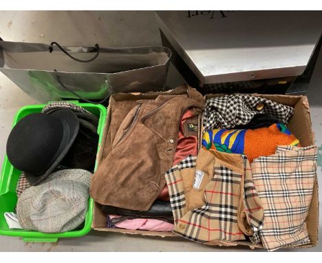 Group of vintage and later clothing inlcuidng a Burberry waistcoat, occasion hats in boxes, other hats and accessories