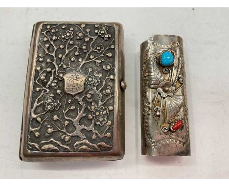 Chinese silver cigarette case with pergoda and blossom decoration, together with a silver (925) holder/mountCigarette case is