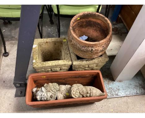 Pair of garden planters, 26cm wide, 26cm high, together with other garden pots and ornaments