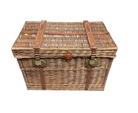 Large wicker trunk with metal strapwork, 72cm x 43cm x 50cm high
