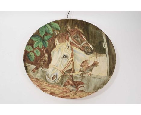 Brown-Westhead, Moore and Co earthenware wall plaque, painted with two horses and birds, circa 1870, impressed mark, 42cm dia