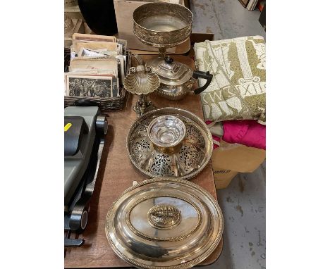 Group of silver plated wares to include an entree dish, teapot and comport.