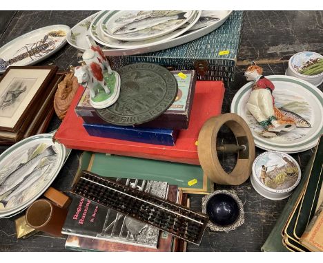 Sundry items including decorative ceramics on a sporting theme, Fire insurance plaque, sporting and motoracing books, vintage