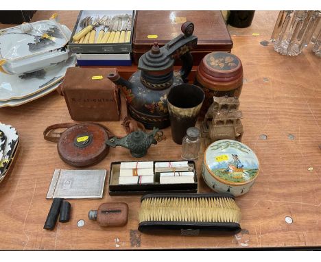 Group of mixed items to include a box brownie camera, horn beaker, Quimper pot and cover and hardstone elephant ornaments.Add