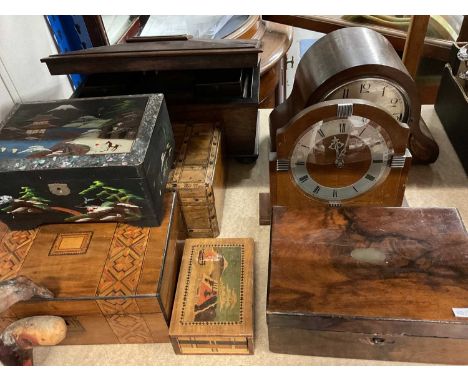 Group of wooden work boxes, sarcophagus shaped tea caddy and two mantle clocksDamaged items are now photographed on our websi