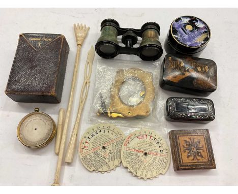 Japanese lacquer trinket box, Victorian snuff box, bone back scratcher, pocket barometer, pair of opera glasses and other tie