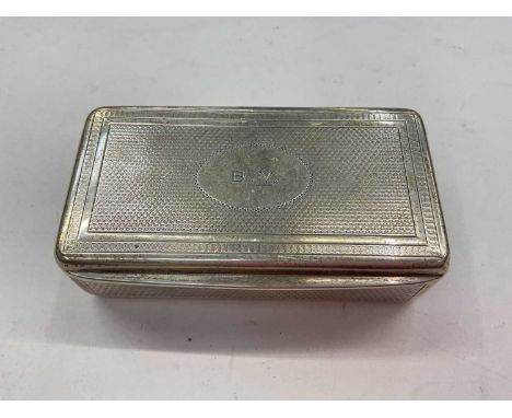 Late 19th/early 20th century silver (800) snuff box of rectangular form with engine turned decoration and engraved B.V. 7.5cm