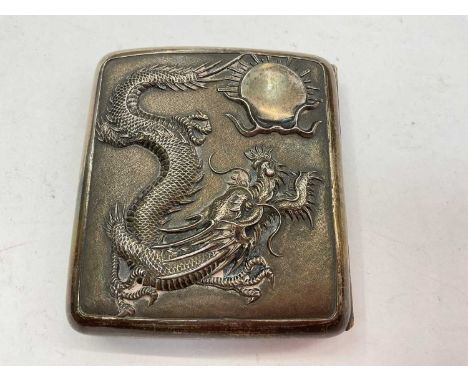 Late 19th/early 20th century Chinese silver cigarette case, with embossed dragon cover and stork and Iris underside, 8cm x 7.
