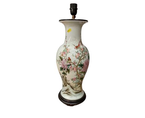 Large Chinese 20th century famille rose porcelain vase converted to a lamp, decorated with birds, flowers, and calligraphy, 4