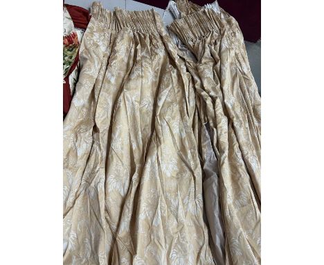 Four pairs of gold brocade lined curtains with pencil pleat headings, approx. 300cm drop x 53cm wide along top, together with