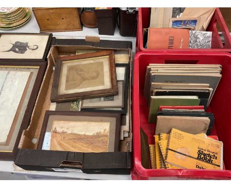 Collection of sketch books, framed photographs and pictures