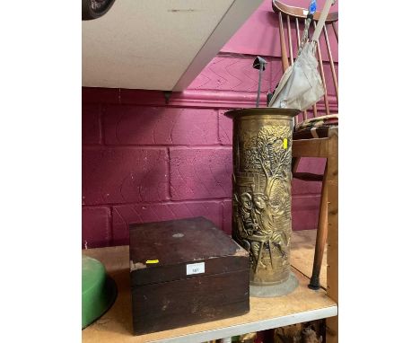 Victorian mahogany work box together with a brass stick stand containing umbrellas and riding crop.