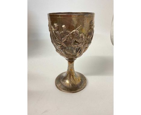 George III silver goblet with later repoussé decoration depicting military figures (London 1803), 17cm highWeight 217 grams