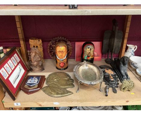 Collection of miscellaneous items to include Russian dolls, silver plated revolving serving dish, sphinx ornament and other i