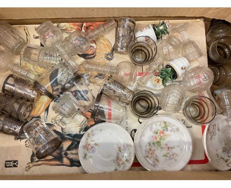 Box of miniature dolls house pieces including silver items, ceramics and glassware etc