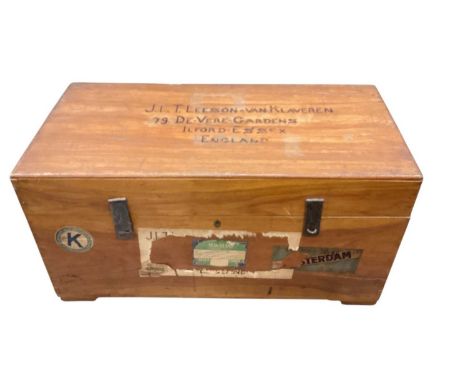 Camphor wood trunk with shipping labels, 93cm wide, 46cm high, 47.5cm high