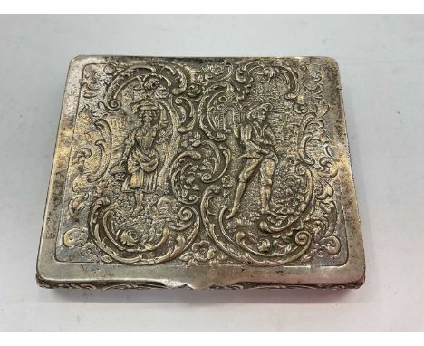 Late 19th century German silver card or cigarette case with hinged cover embossed decoration depicting a man and woman, base 