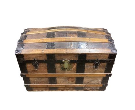 Vintage metal bound dome top trunk, 81.5cm wide, 45cm deep, 63cm high approximately