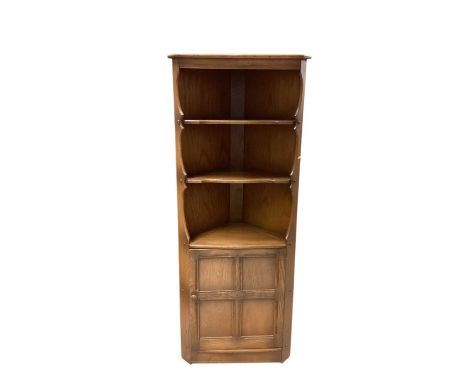 Ercol corner cupboard with open shelves and panelled door below, 75.5cm wide, 183.5cm high