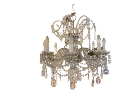 Impressive eight branch glass chandelierApprox 73cm high, 68cm diametergood condition, needs some re-assembly and has some mi