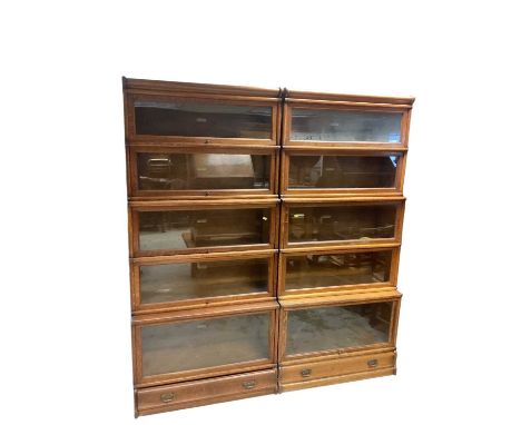 Near pair of early 20th century five tier oak globe wernicke bookcases bearing labels, 86cm wide, 35cm deep, 188cm highOveral