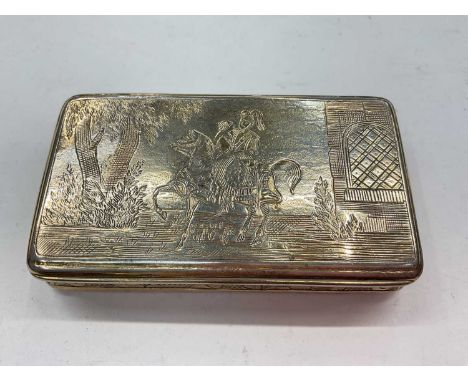 Late 18th/early 19th century Continental silver gilt snuff box engraved with scene of knight in armour riding off with a maid
