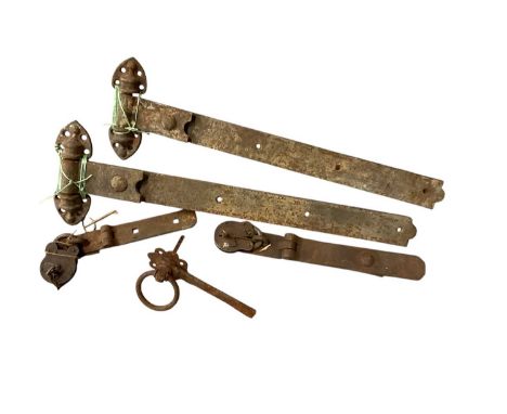 Pair of large antique iron hinges, together with a pair of gate shackles with padlocks and key