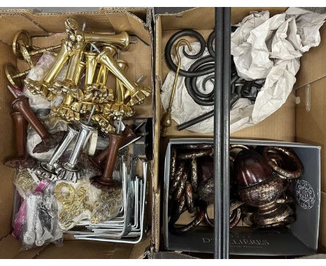 Assorted curtain tie backs and realted fittings, Jim Lawrence iron curtain pole, painted curtain rings and finials and a gree