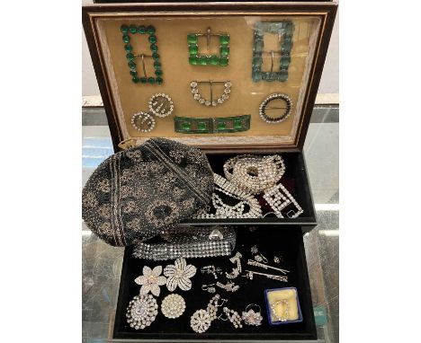 Group of vintage paste set buckles mounted in a glazed frame, vintage beaded evening bag and group of paste set jewellery and