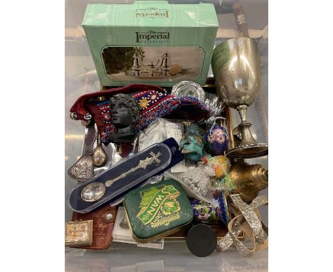 Collection of various thimbles, silver plated items, coins and medallions, other items and a horn handled walking stick with 