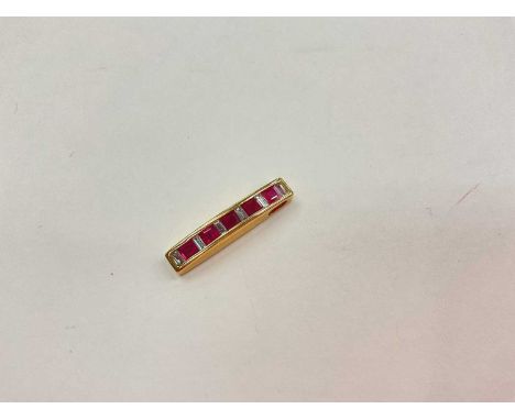 Gold, ruby and diamond pendant with five square step cut rubies interspaced with six baguette cut diamonds in gold setting ma