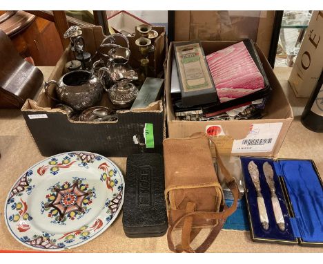 Group of plated items, flatware, vintage camera, sundries and an 18th century Delft plate