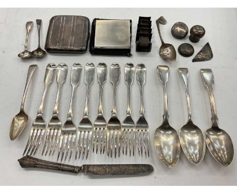 Chinese silver pagoda, silver flatware, silver compact, silver cigarette case and other itemsTotal weight (except the knife) 