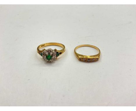 18ct gold emerald and diamond cluster ring, size K½ and a yellow metal diamond five stone ring, size I½ (2)18ct gold ring 3.4