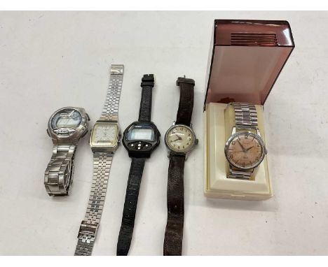 Vintage Pioneer stainless steel wristwatch, vintage Smiths Empire wristwatch on leather strap and three other watches (5)