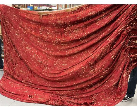Pair of red silk velvet devoré interlined curtains with triple pinch pleat headings. Measuring approximately 120cm across top