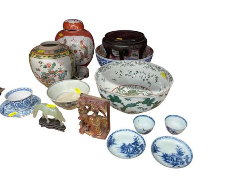 Group of Chinese and Japanese ceramics to include pair of 18th century Chinese blue and white tea bowls and saucers.The yello