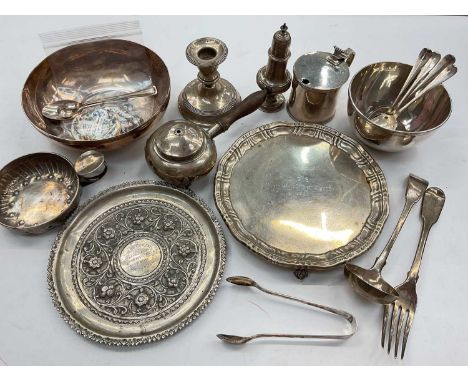 Selection of miscellaneous silver and white metal including card tray, Mappin &amp; Webb bowl, mustard pot, pepperette, burne