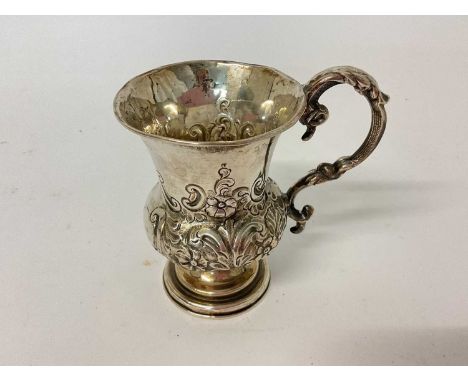 Victorian silver christening mug with embossed decoration, maker George Unite (Birmingham 1859), 9.5cm overall heightWeight 6