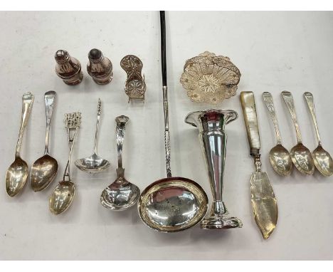 Georgian toddy ladle, silver spill vase, pair of silver pepperettes, white metal filigree basket and chair, group of silver f