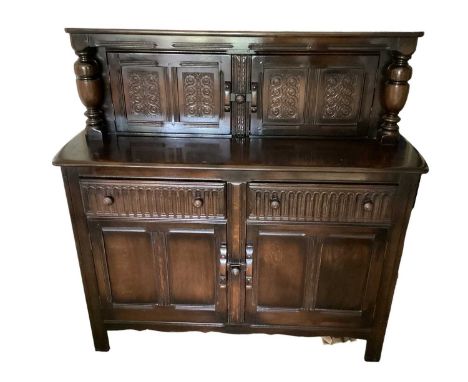Ercol dark wood Court Cabinet with two drawers, double base cupboard and double cupboard above, 1.3m wide, 50cm deep, 130cm h