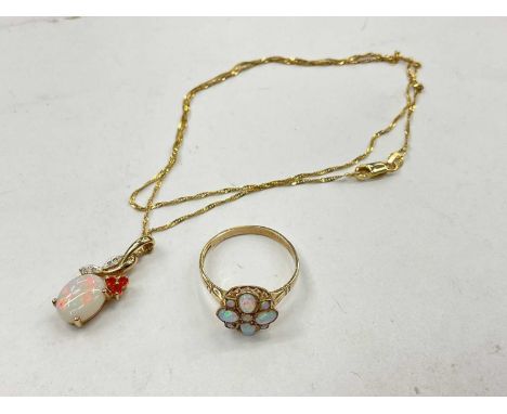 Opal, fire opal and diamond pendant on 9ct gold chain, 44cm long and a Victorian style 9ct gold opal cluster ring, size QTota
